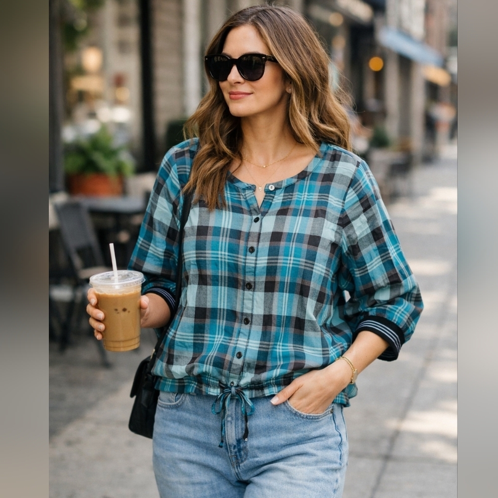 Adidas Originals Plaid Button Front Top XL | Teal Blue Check Cotton Blouse NWT